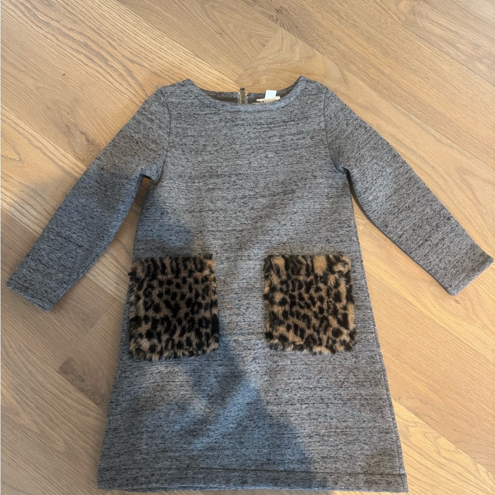 Crewcuts girls XS Gray Dress with Leopard Print furry Pockets